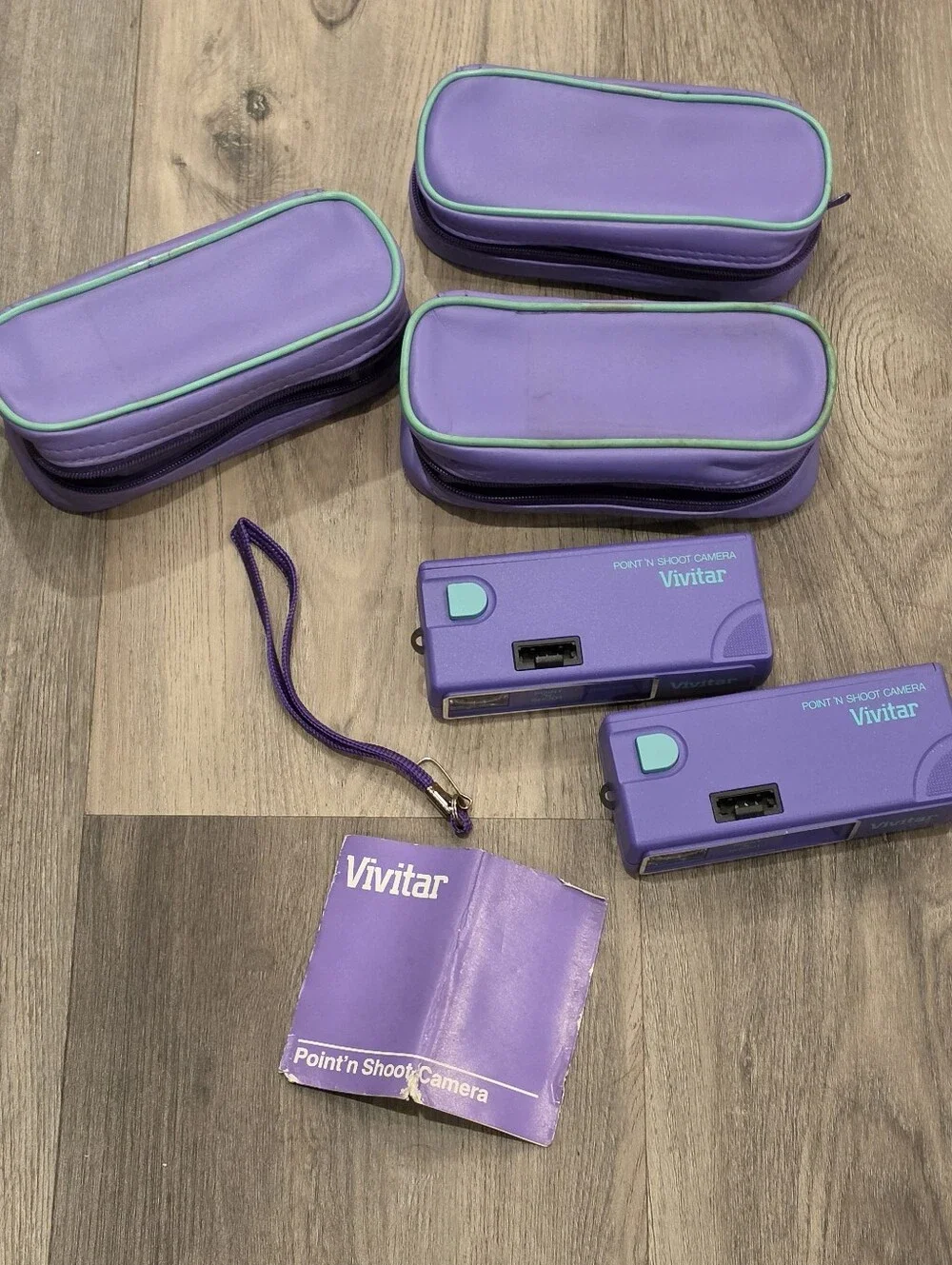 2 Vtg 1987 Vivitar Point 'N Shoot 110 Film Cameras Purple w/ Manual & 3 Cases